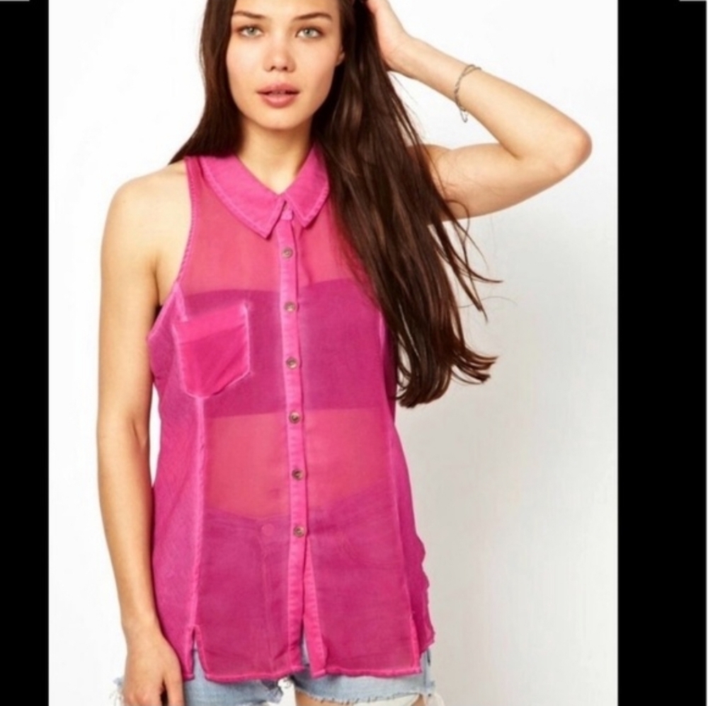 Free People- Sheer Pink Sleeveless Button-Up Top. Size L. NWT - Picture 1 of 7